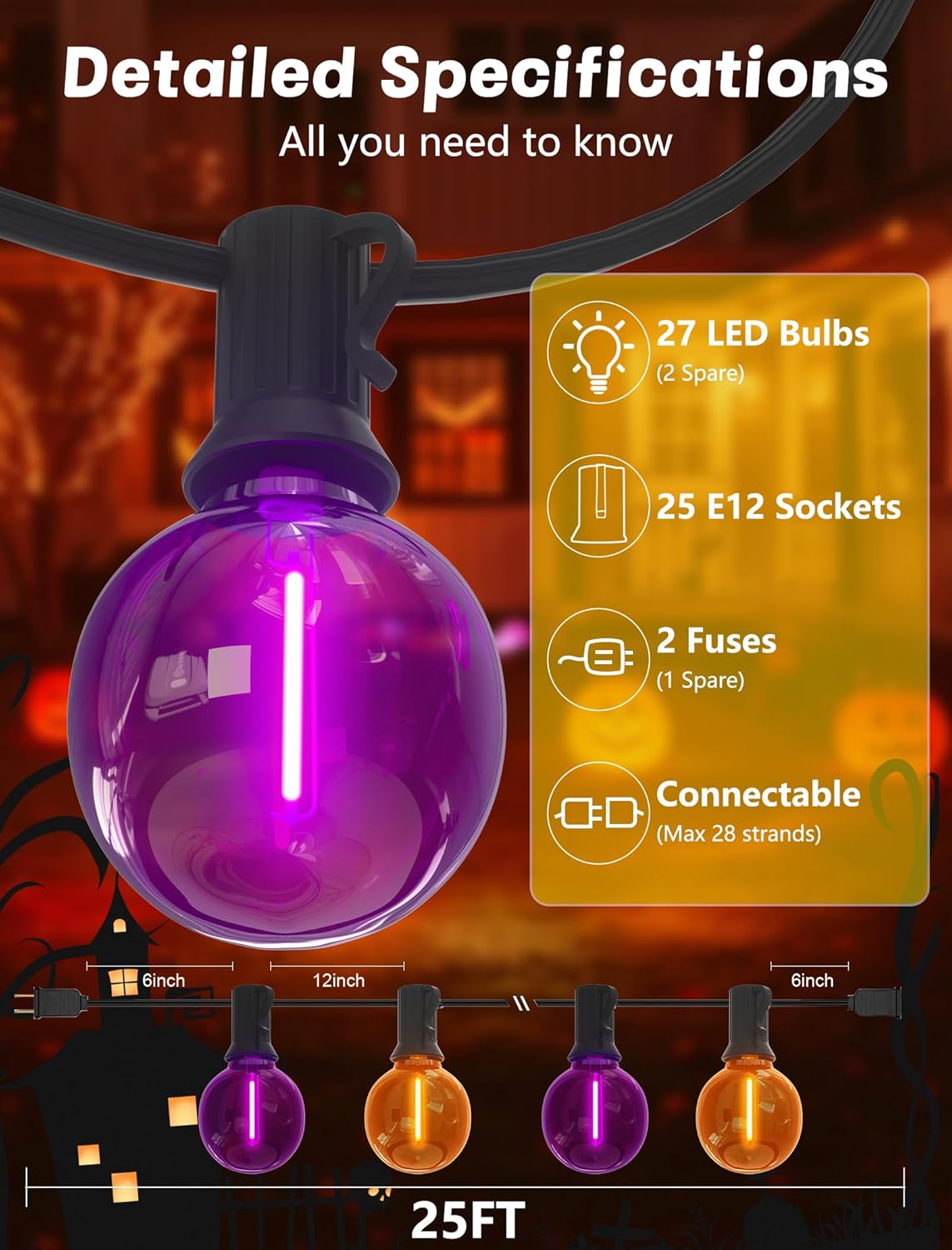 SUNSGNE G40 LED Outdoor Halloween String Lights 25FT Globe String Lights with 27 LED Shatterproof Clear Orange Purple Lights(2 Spare) for Patio Balcony Backyard Pergola Decor