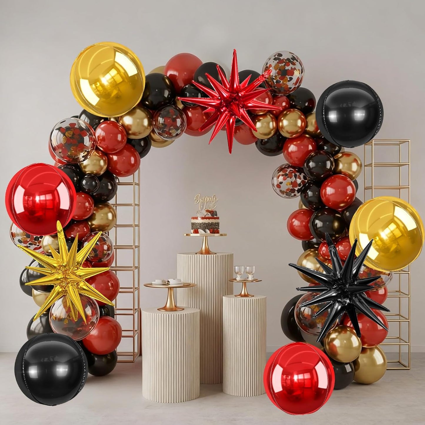 6Pcs Black Red Gold Foil Balloons,22Inch Black Gold Red 4D Round Ball Balloon and Explosion Star Balloon for Birthday Wedding Baby Shower Anniversary Party Decorations