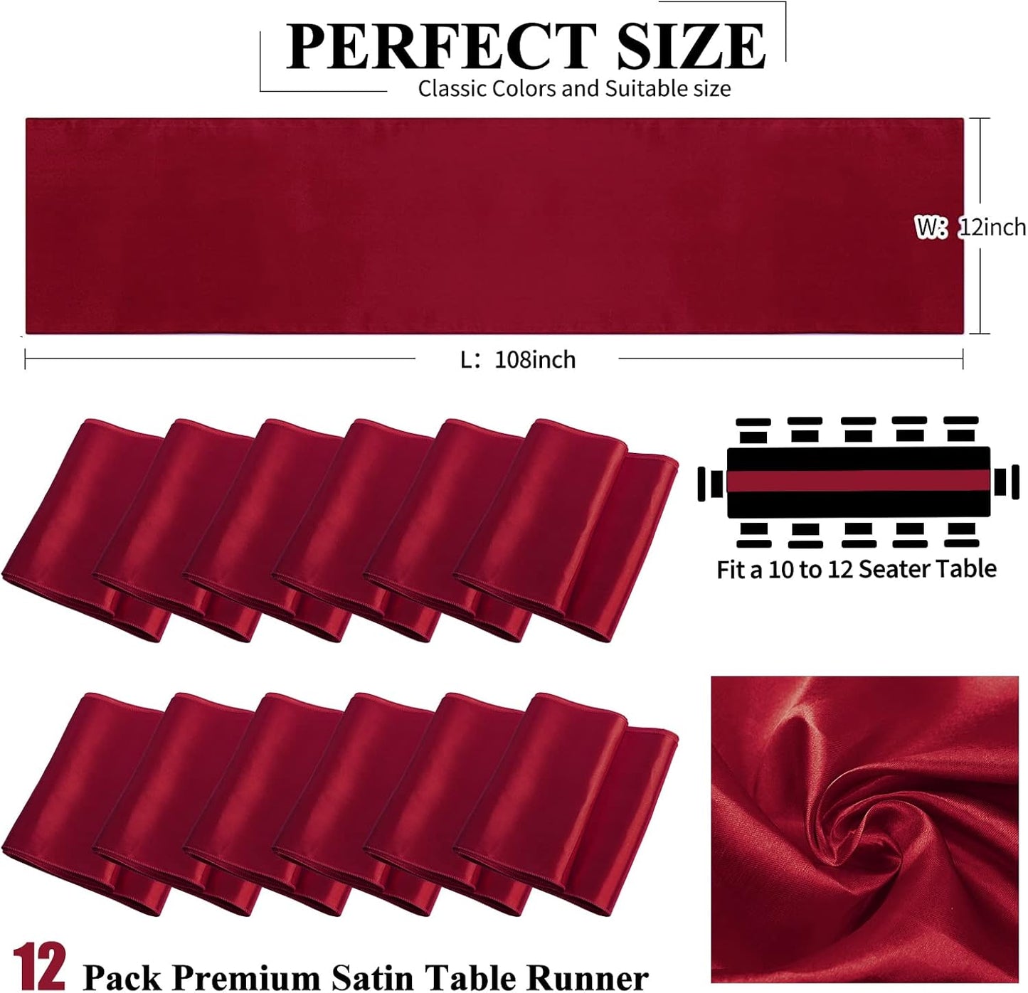 12 Pack Burgundy Satin Table Runner,12 x 108 inch Long Premium Smooth Table Runner for Wedding, Banquets, Birthday, Party, Graduation, Engagements,Table Runners fit Rectangle and Round Table