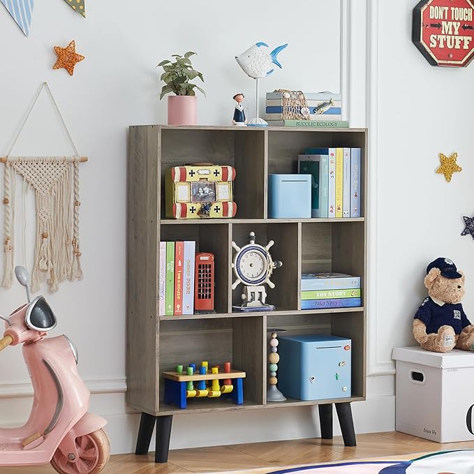LEYAOYAO Cube Bookshelf 3 Tier Mid-Century Retro Grey Modern Bookcase - Image 5