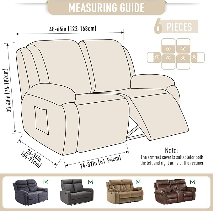 TAOCOCO Recliner Loveseat Slipcover, 6 Pieces Dual Recliner Sofa Covers - Image 6