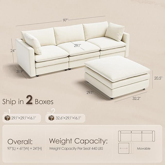 97" Cloud Couches for Living Room, 29.1" Deep Seat Modular Sectional Sofa - Image 2
