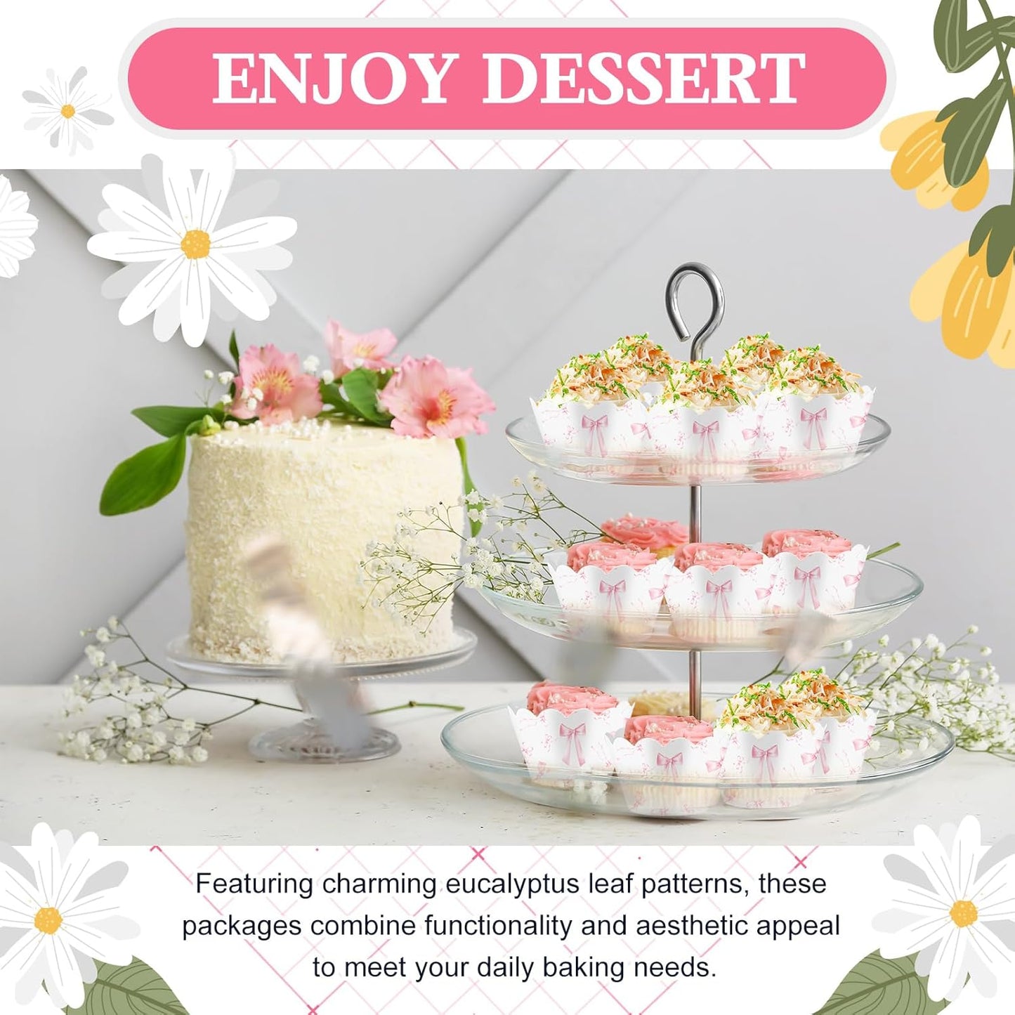 Domensi 100 Pcs Pink Bow Cupcake Wrappers Rustic Cupcake Liners Pink Baking Cups Baking Liners for Wedding Bridal Baby Shower Birthday Breast Cancer Awareness Party Supplies Dessert Decoration