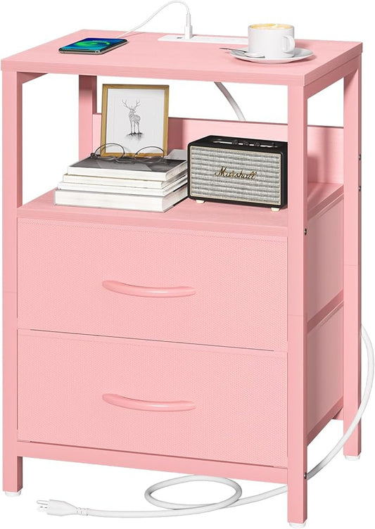 Yoobure Nightstand with Charging Station, Small Night Stand with Fabric Drawers by Yoobure