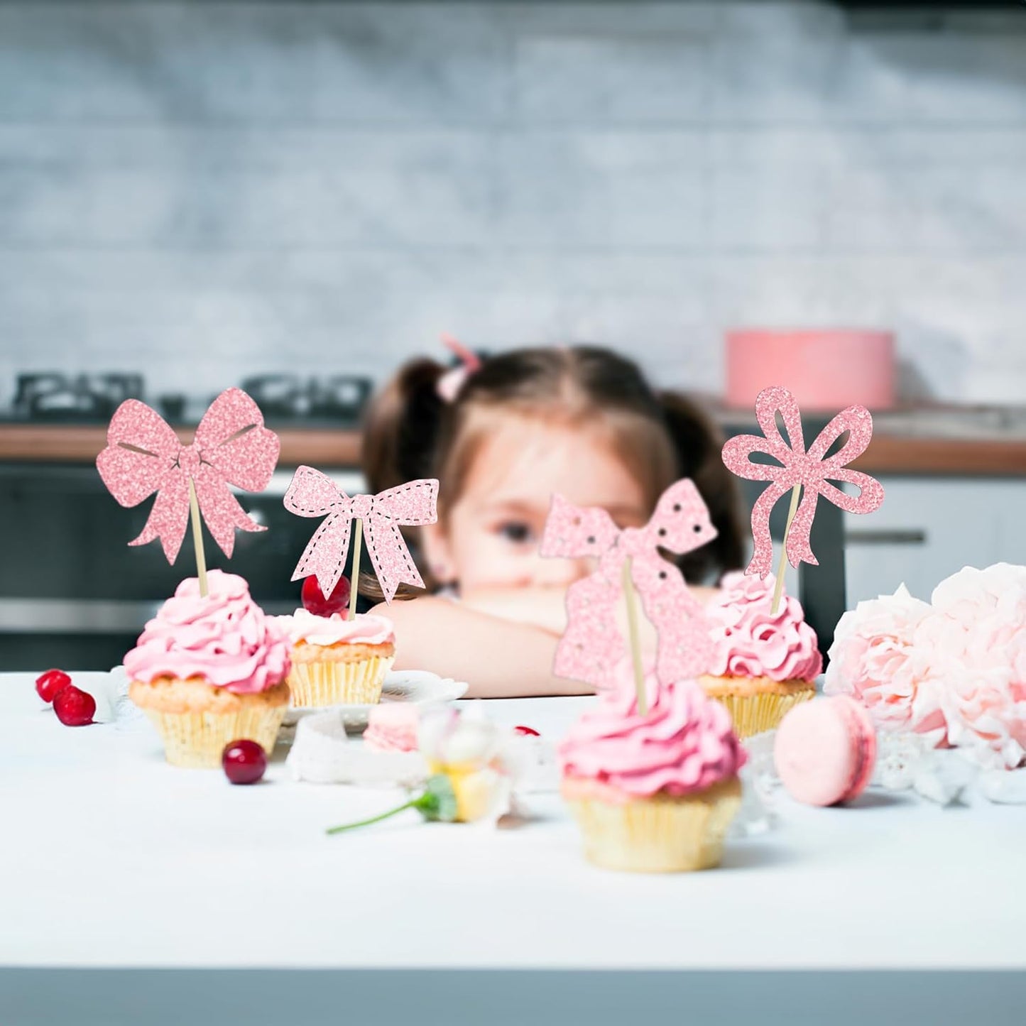 Ephlyn 24Pcs Pink Bow Cupcake Toppers Bow Birthday Cake Topper Girls Birthday Party Decorations Bowknot Cupcake Decorations for Bridal Baby Shower Birthday Wedding Themed Party Multi
