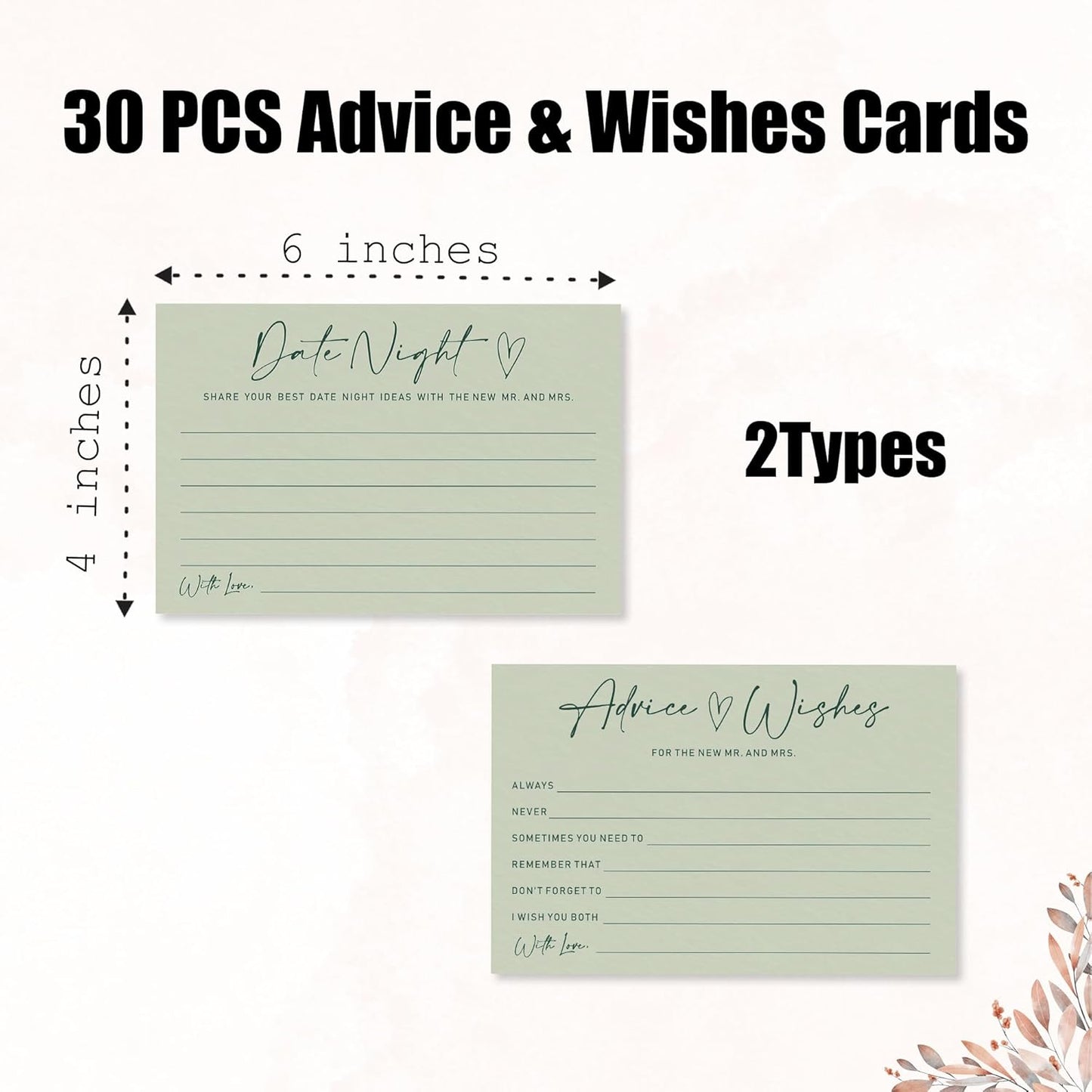 Advice & Wishes Card Set - Minimalism Moss Green - 15 Advice & Wishes Cards & 15 Date Night Cards Cards For New Couple, Newlyweds, Engagement, Wedding Party Favor & Supplies - B05