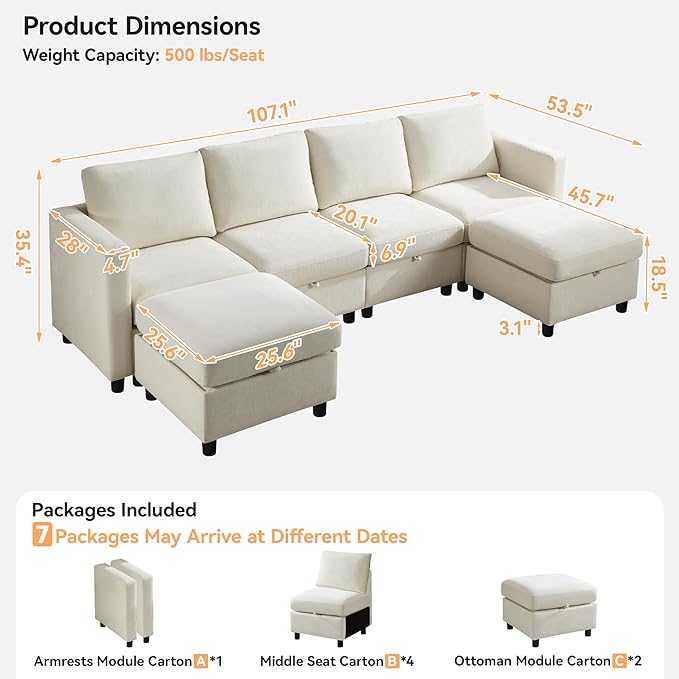 WUTUTUEE 107”Modular Sectional Sofa Convertible U Shaped Sofa Couch Set - Image 2
