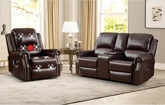 EBELLO 2-Piece Manual Recliner Sofa Set, Faux Leather Message Single Recliner by EBELLO