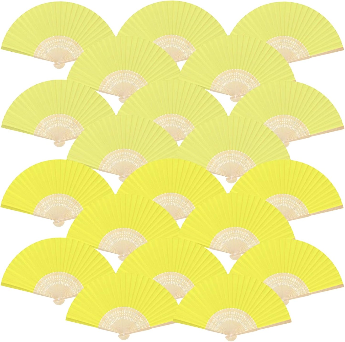 FEPITO 20 Pieces Handheld Yellow Paper Fan Paper Folding Fans with Bamboos for Wedding Gift, Party, Home