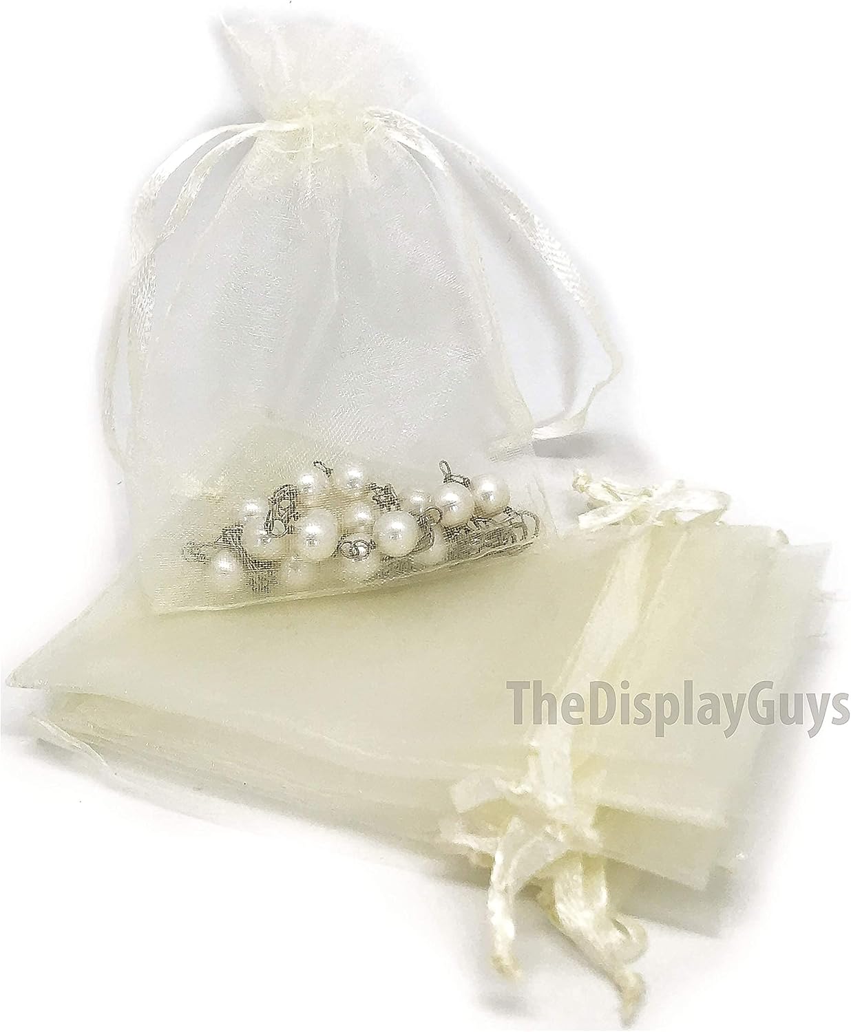 TheDisplayGuys 48-Pack 2" x 2-3/4" Cream/Beige Sheer Organza Gift Bags with Drawstring, Jewelry Candy Treat Wedding Party Favors Mesh Pouch