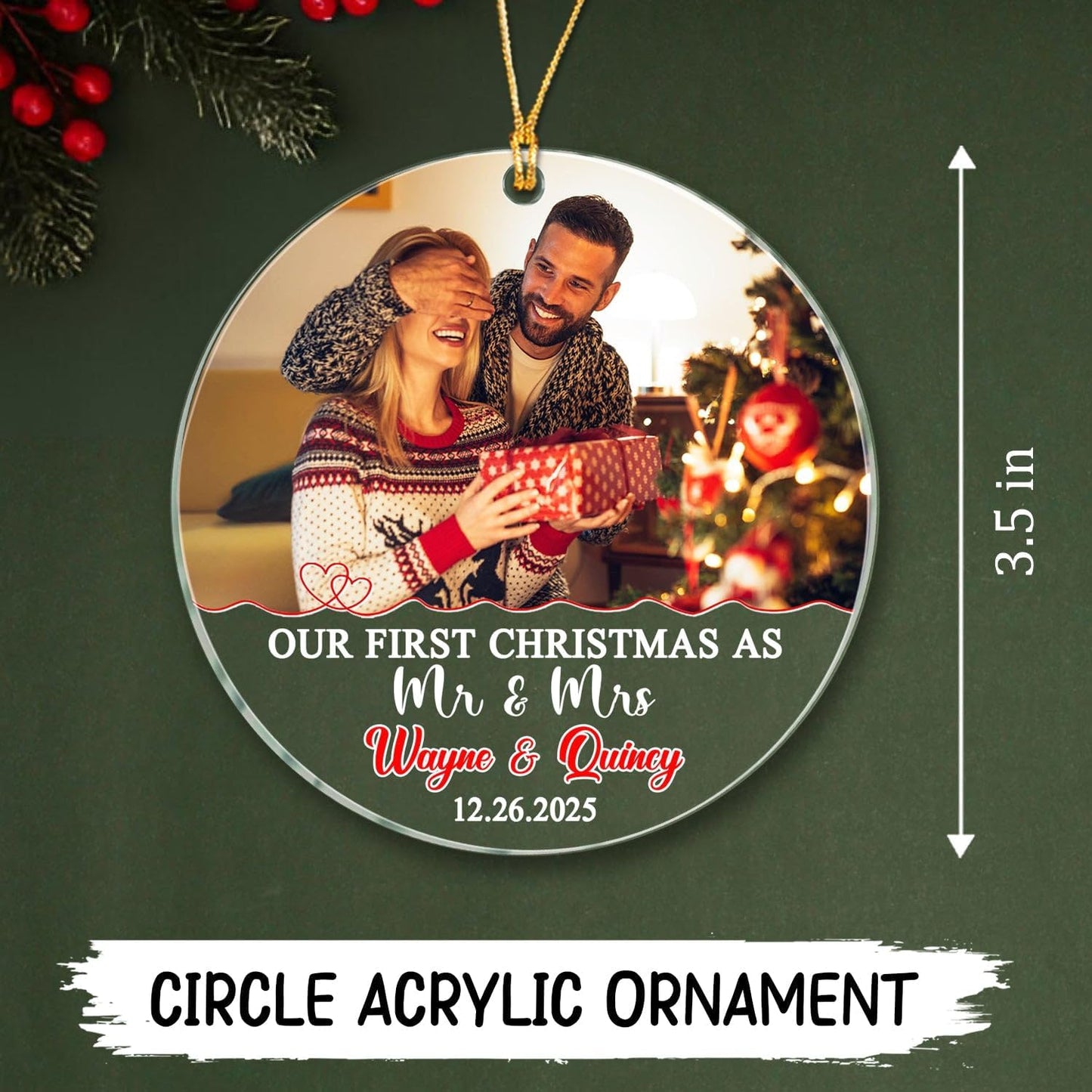 Our First Christmas As Mr & Mrs Ornament 2025, Customized Date Photo Names Mr & Mrs Together Ornaments Gift for Anniversary, Personalized Upload Photo Christmas Ornament for Just Married/Newlyweds