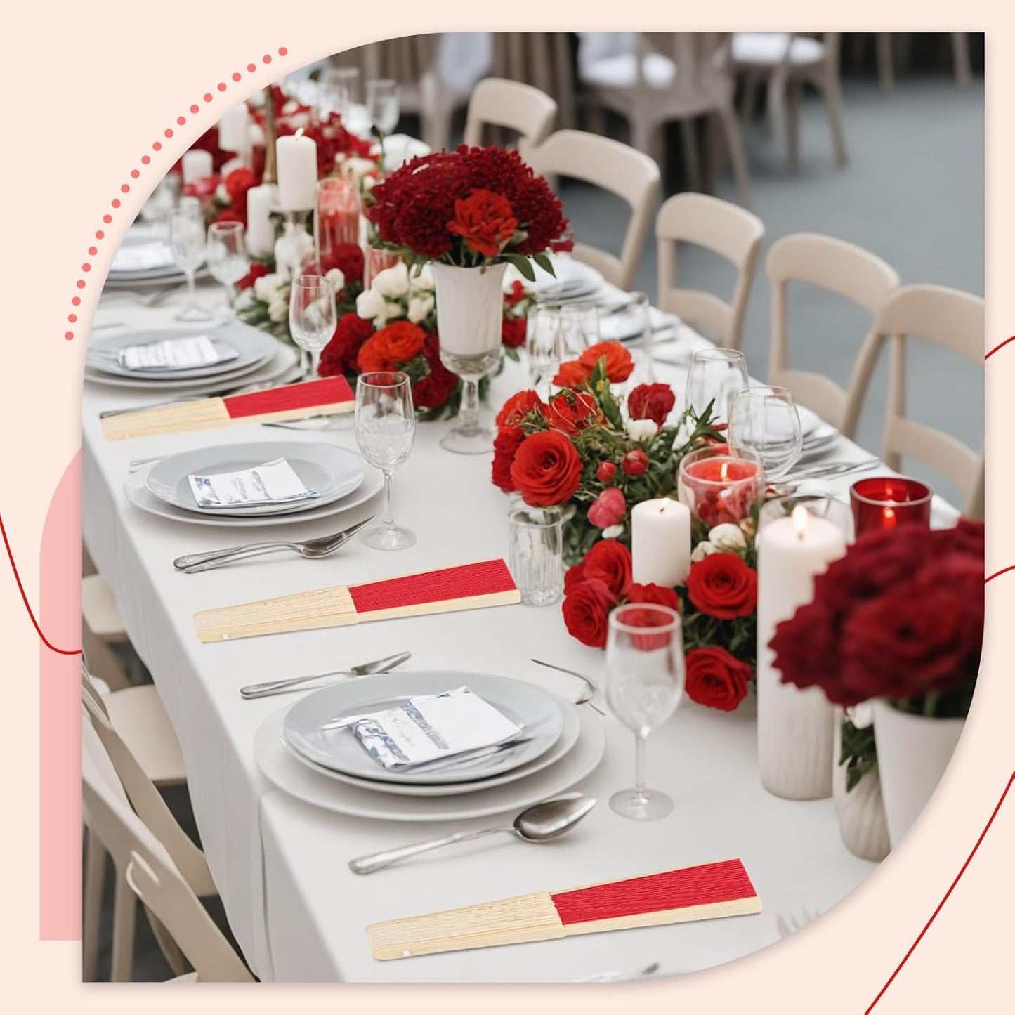 JOHOUSE 12 Pcs Paper Folding Hand Fans, 8.3 Inch Red Fans Handheld Decorative Accessories for Wedding, Outdoor Party Favors, Bridal Shower DIY Decoration Photography Props Hibachi Party Decorations