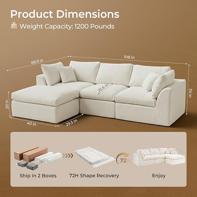 Amsleekey 108" Cloud Sectional Couches, - Image 2