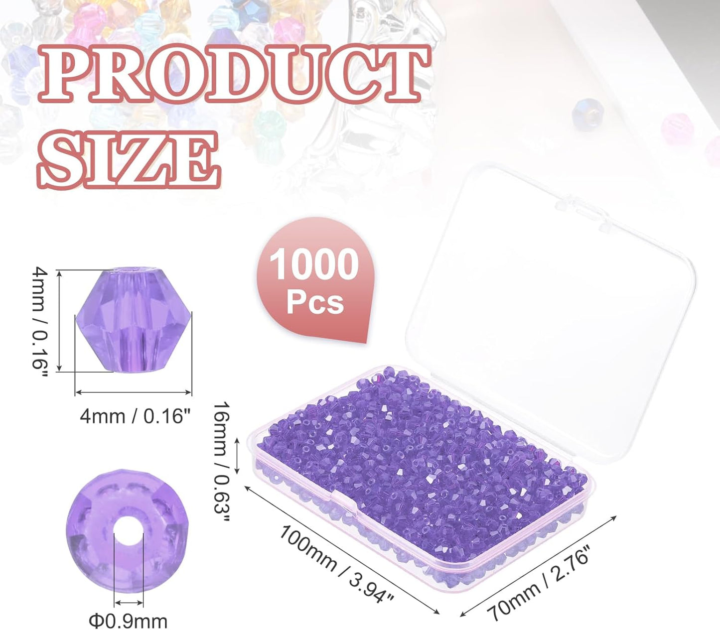 PATIKIL 1000pcs 4mm Bicone Glass Crystal Beads, Faceted Glass Spacer Beads with Box for Jewelry Making Bracelet Necklace Earrings DIY Suncatcher Craft, Purple