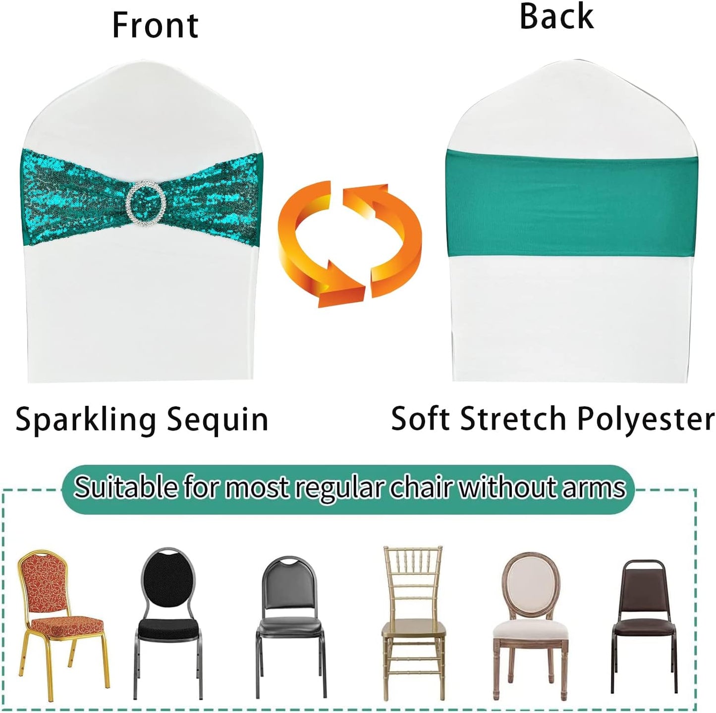25 Pcs Chair Sashes Sequin Stretch Chair Bands Spandex Polyester Bows for Party Hotel Wedding Banquets Decoration - Teal