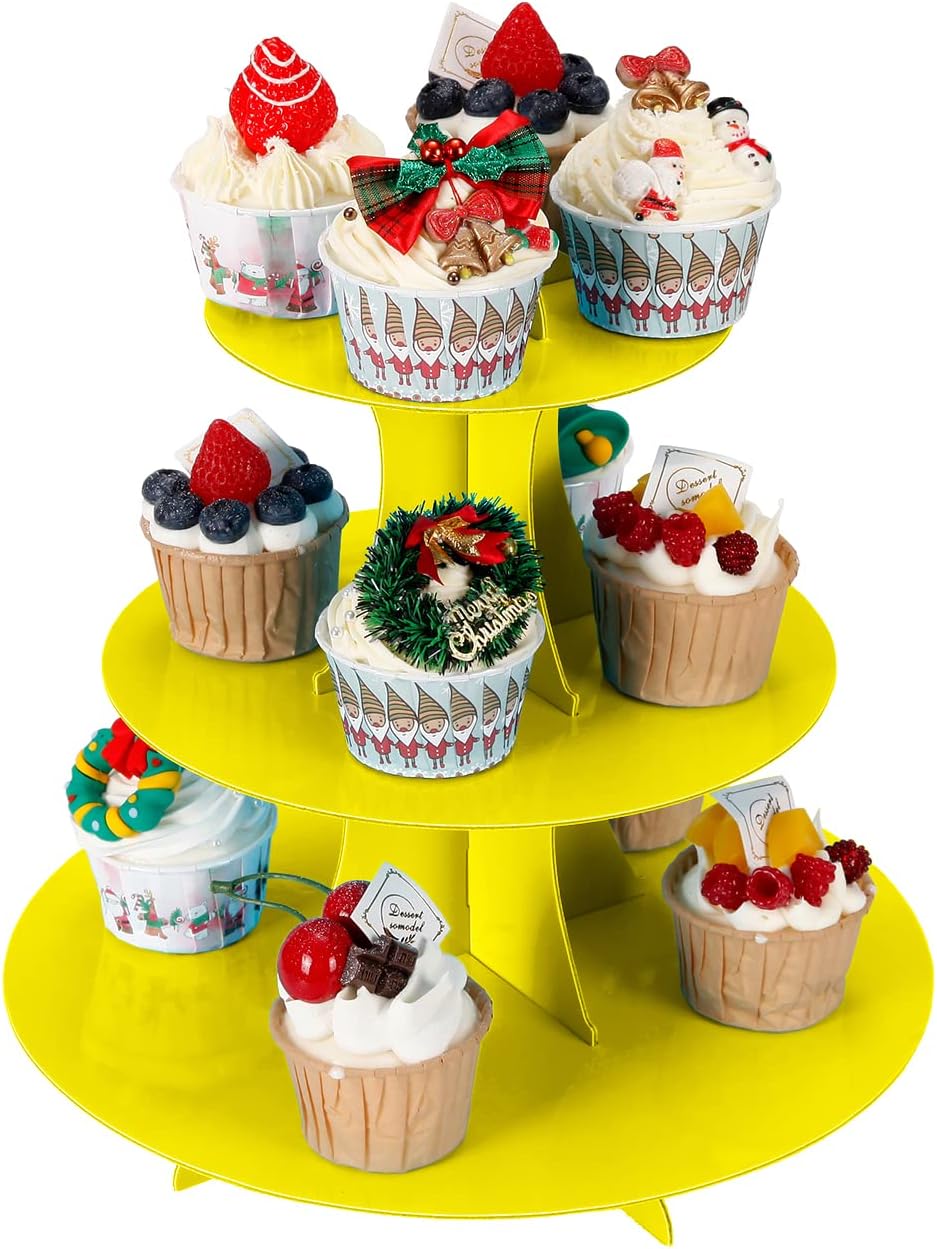 3-Tier Cupcake Stand, Cake Stand holder, Tiered DIY Cupcake Stand Tower for Dessert Table Displays, Birthday Theme Party Favors Decoration, Floral Tea Party, 12" W x 12.8" H, Yellow