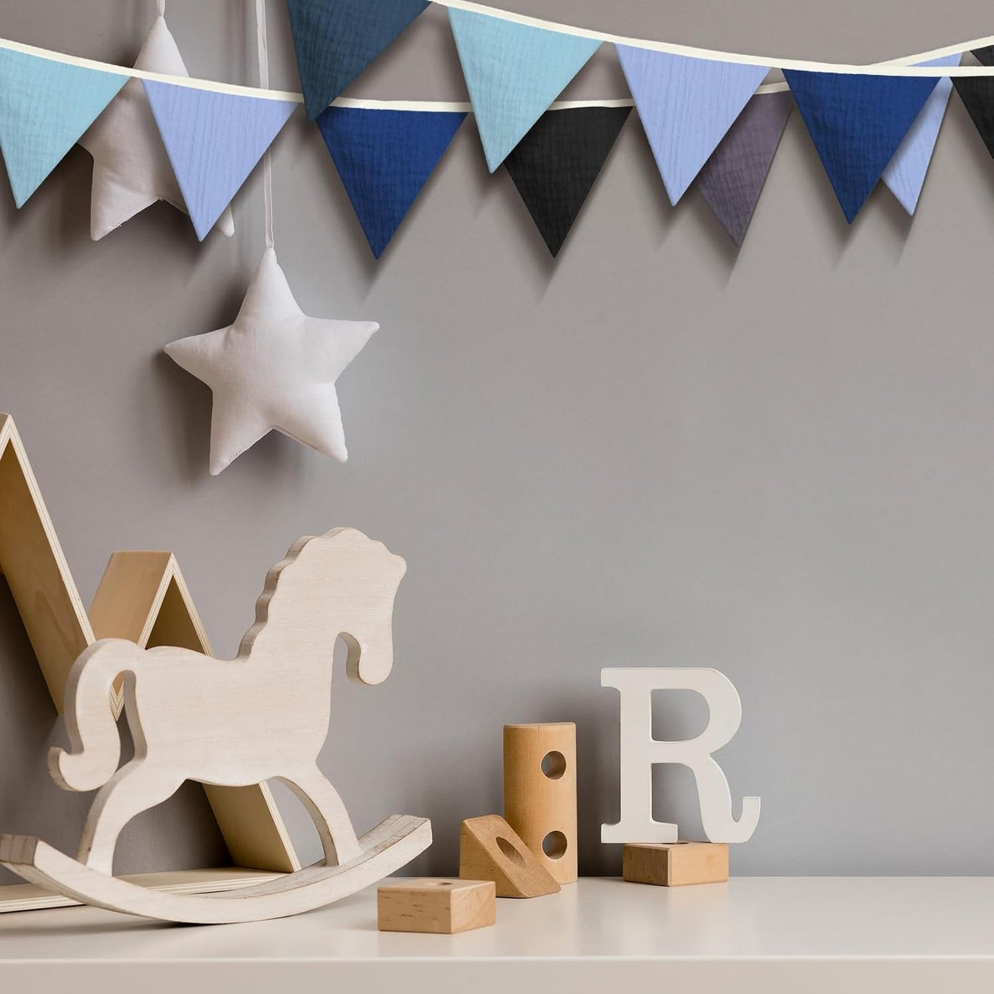 Oudain 15.5 ft Pennant Banner Flags, 2 Pcs Nursery Garland Triangle Bunting Flag Baby Banner for Nursery Decor Baby Birthday Boho Wedding Shower Party Event, Each 7.75 ft(Blue Color)