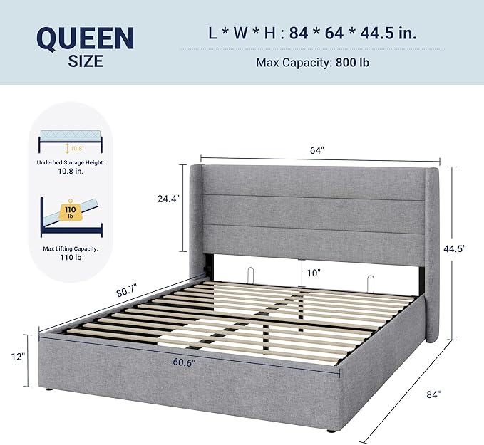 Allewie Queen Size Lift Up Storage Bed, Modern Wingback Headboard, Hydraulic - Image 2