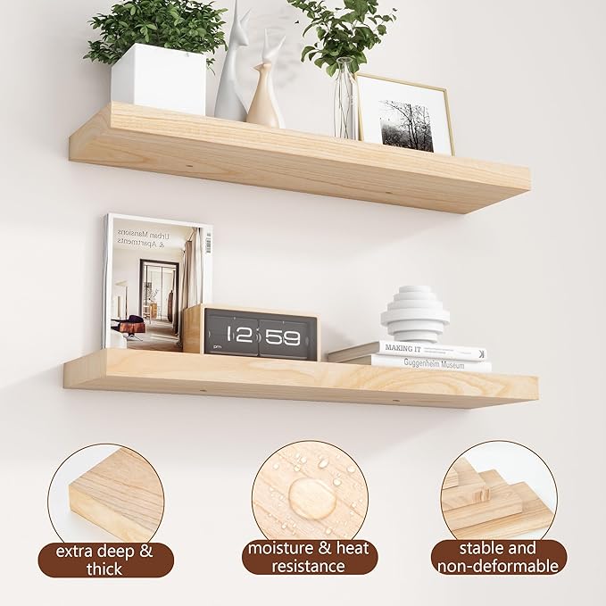 fuqing 30 Inch Floating Shelves | Natural Wood Wall Shelves Set of 2 | 30" W x - Image 5
