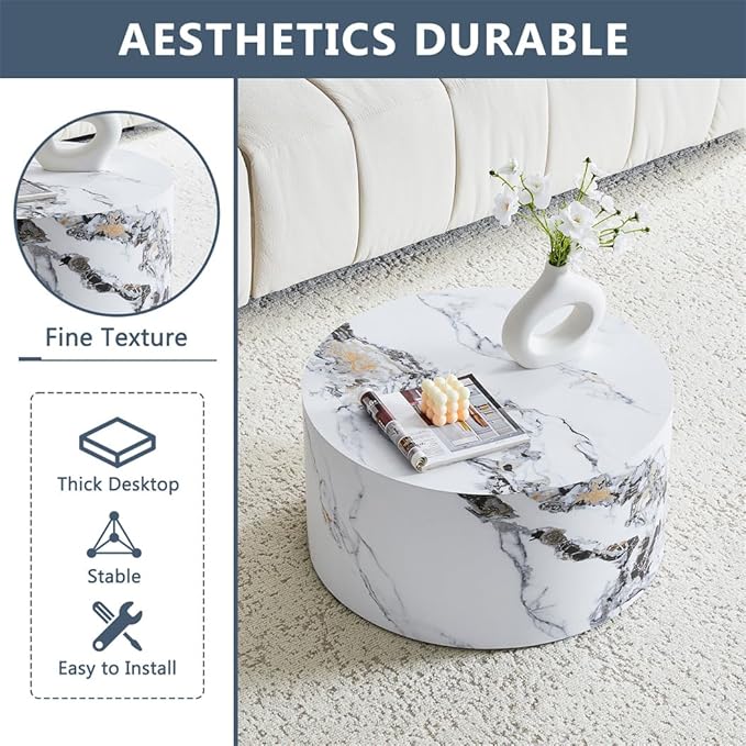 Round Coffee Table Living Room Table, Modern White Faux Marble Center Couch - Image 6