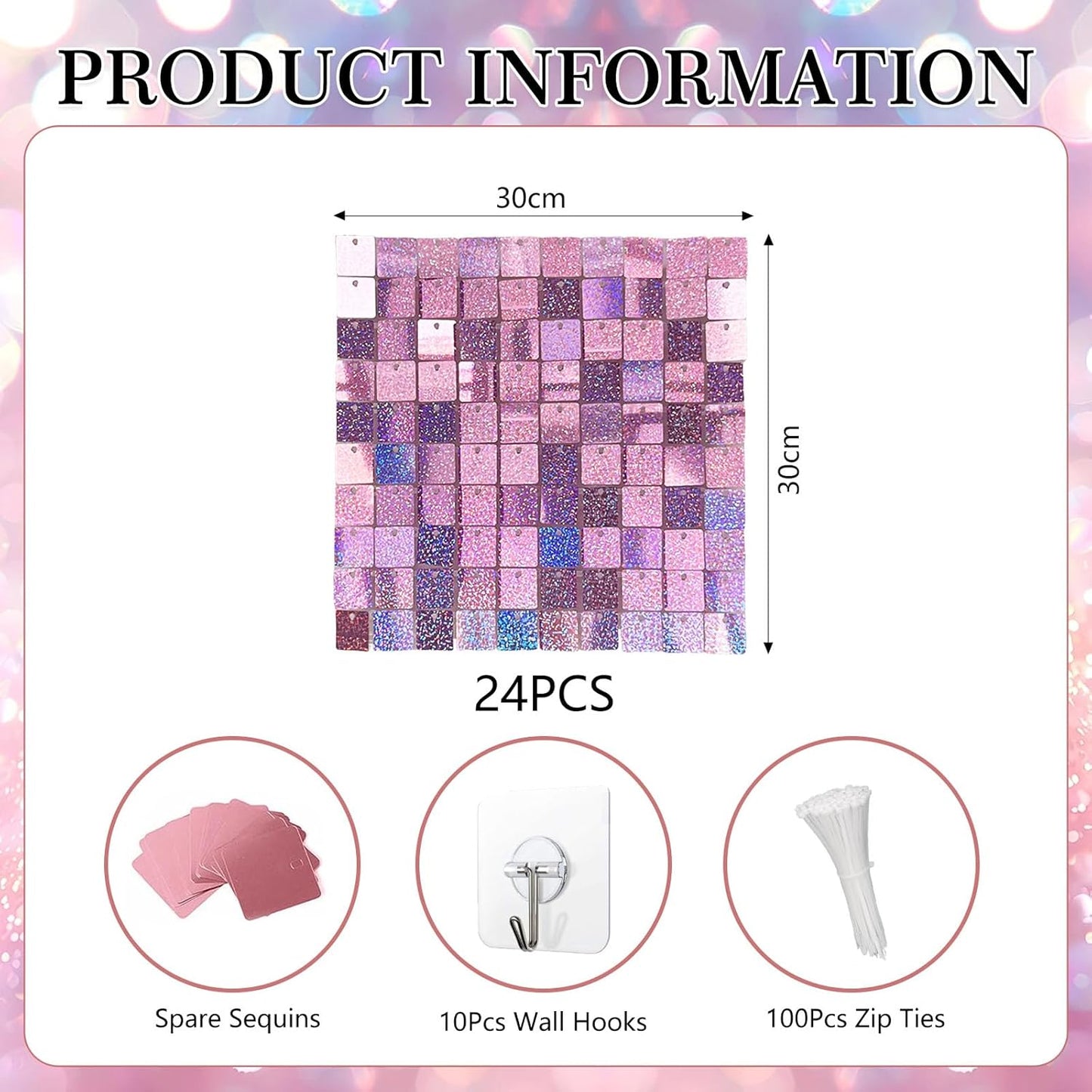 24PCS Light Pink Shimmer Wall Backdrop, Laser Square Sequin Photo Backdrops Panel, Glitter Wall Background for Birthdays, Weddings, Christmas, Engagements, Disco Bachelorette Party Decor (4FTx6FT)