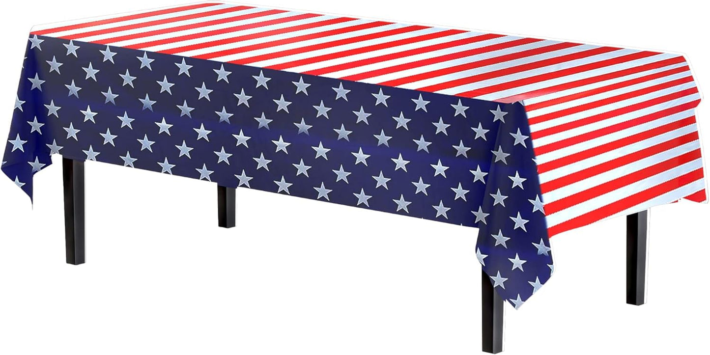 Party Solids Pack Of 12 Premium Rectangle American Flag Design Plastic Tablecloth - USA Stars and Stripes Tablecloth Disposable Plastic Table Cover for July 4th - 54 inch. x 108 inch