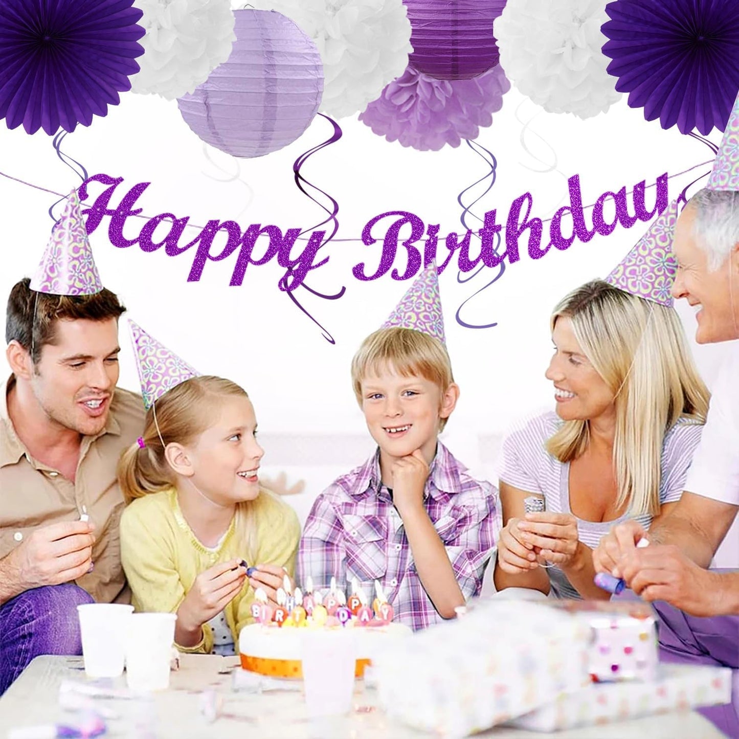 Purple-Lilac Lavender-White Happy Birthday Party-Decorations - 31pcs 20th Women Girls Paper Lanterns Streamers Banner,Tissue Pom Poms Decor,Flower Fans Tassels Graland Backdrop Supplies Hugmoon