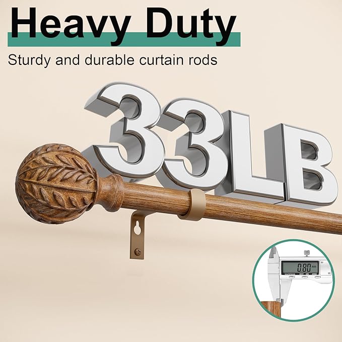 QDWIS Boho Wood Curtain Rods for Windows 66 to 120 inch, Rustic Decorative - Image 4