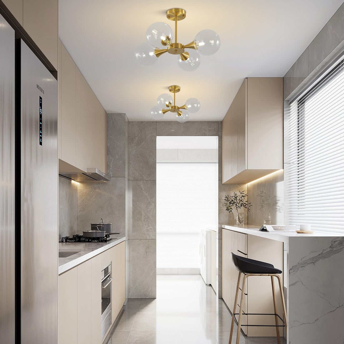 KCO Lighting 4-Lights Modern Globe Semi Flush Mount Ceiling Light Mid Century Brushed Brass Schoolhouse Close to Ceiling Light Gold Clear Glass Bubble Sputnik Chandelier Light Fixture