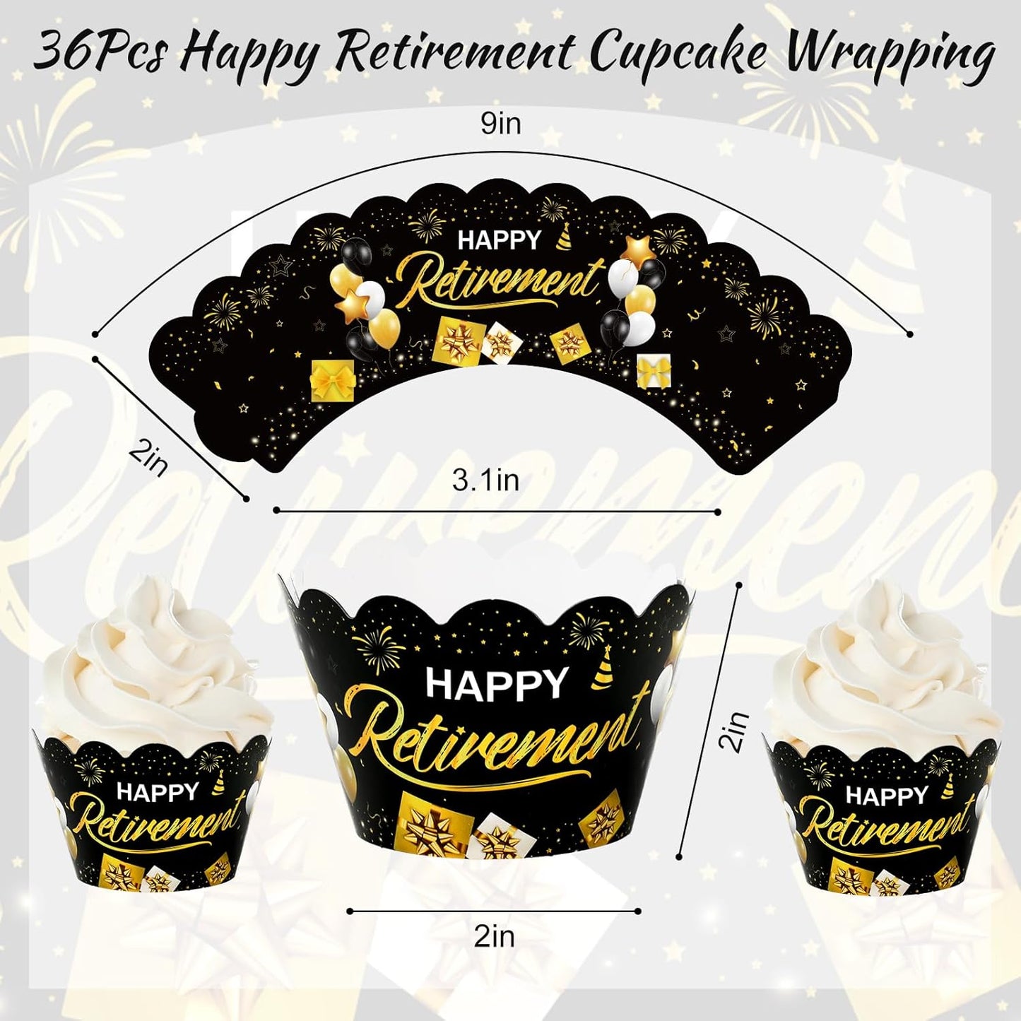 Whaline 36Pcs Happy Retirement Cupcake Wrappers Black Gold Retirement Cupcake Liners Decorative Cupcake Holders for Party Cake Dessert Decoration