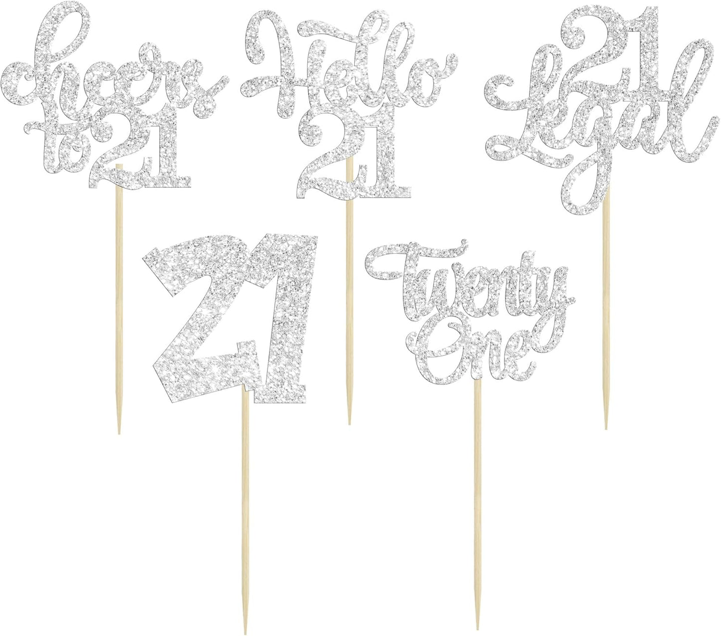 30pcs 21st Birthday Cupcake Toppers - Twenty One Legal 21st Cupcake Picks - Cheers to 21 Years Old - Silver Glitter Cake Decorations