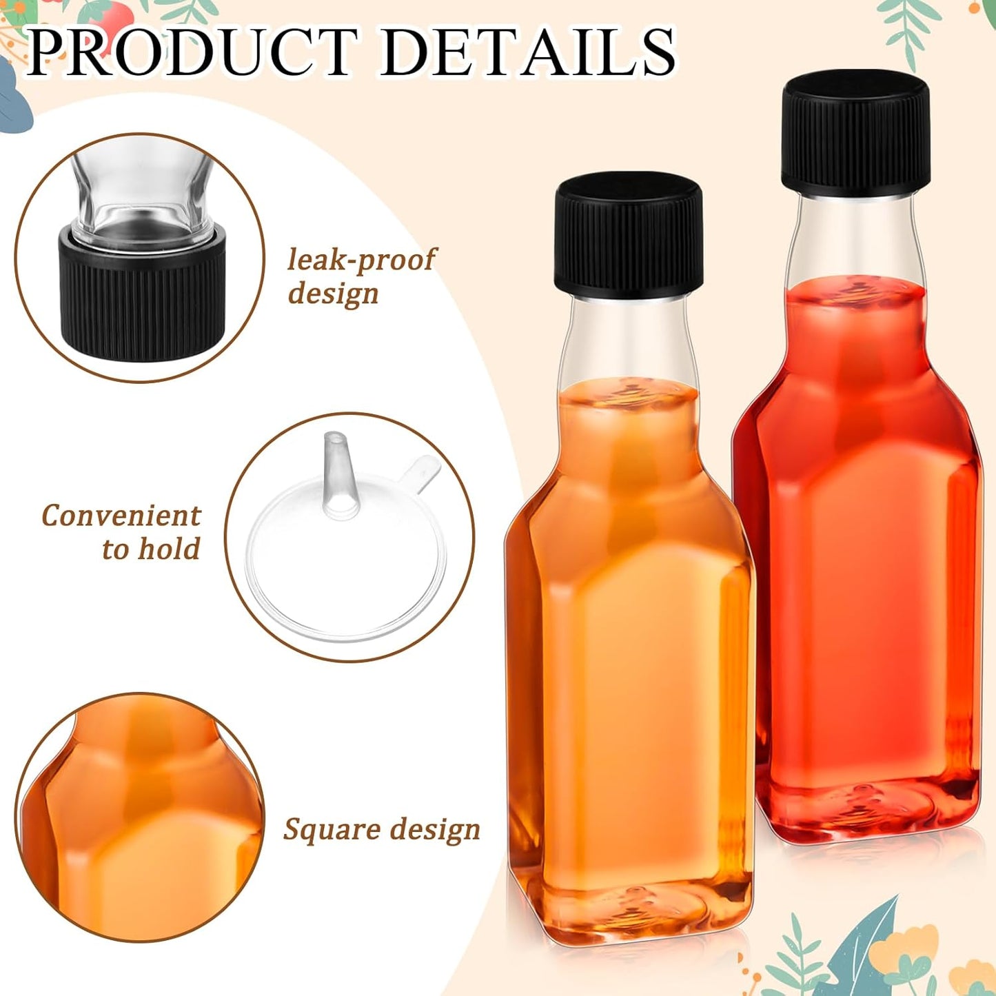 Havawish 50 Pack 1.7 oz Square Mini Liquor Bottles with Funnels and Black Plastic Caps Reusable Airtight Empty Plastic Alcohol Shot Bottles for Birthday Wedding Baby Shower Party Favors