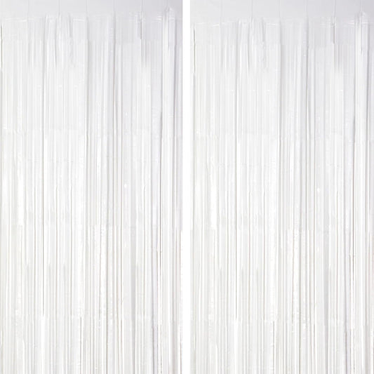 2 Pack White Tinsel Foil Fringe Curtains, White Party Decorations, Metallic Tinsel Party Streamers Backdrop for Birthday Baby Shower Graduation Wedding Anniversary Party Decorations