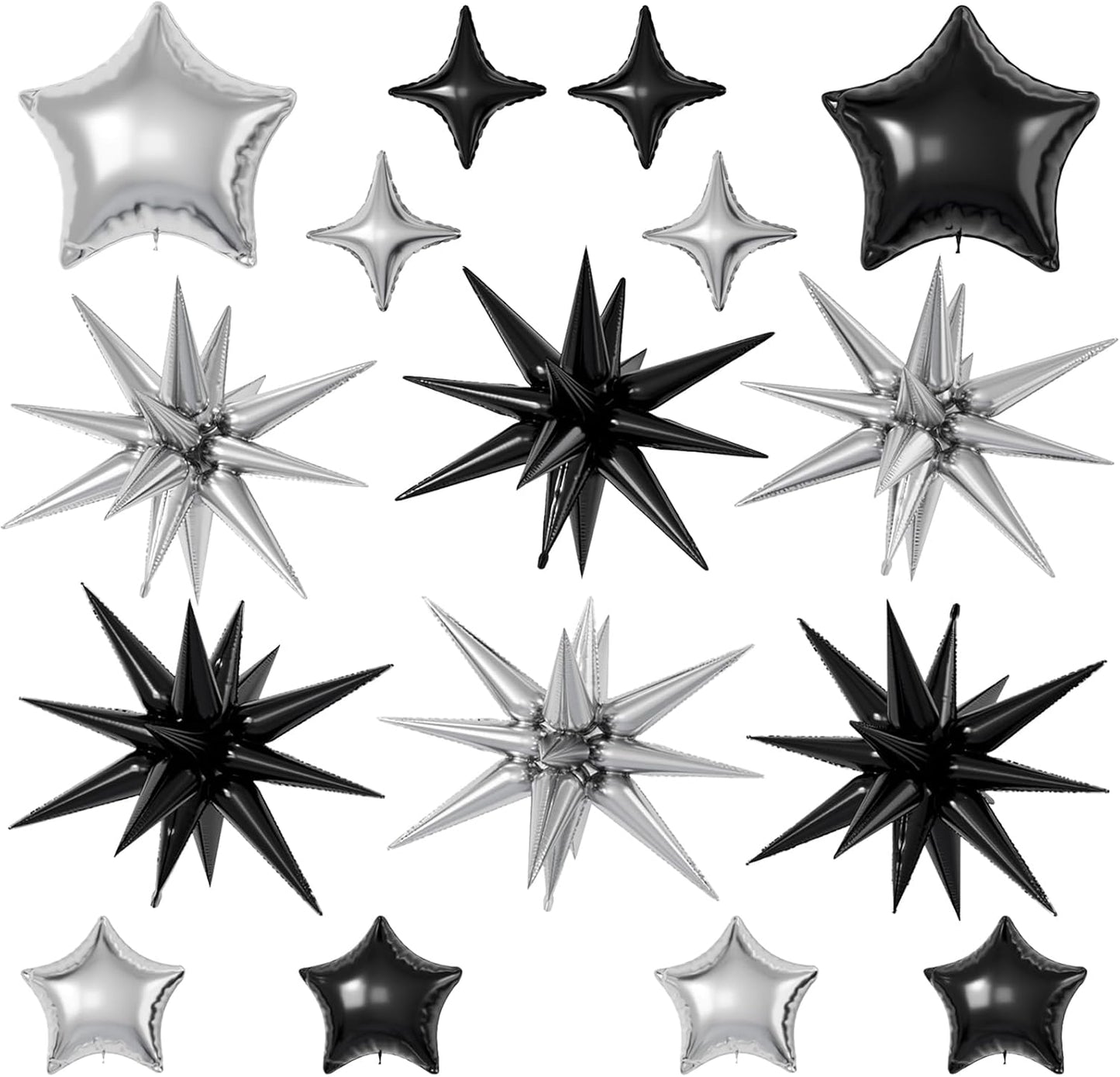 16 Pcs Black Silver Star Balloons,22/18/10 Inch Foil Balloons, Four-Pointed Balloon for Birthday Graduation Anniversary Wedding Baby Shower Party Decorations