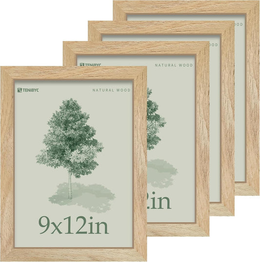 9x12 Frame 4 Pack - Natural Woodgrain, 9 x 12 Picture Frame with HD Tempered Glass, able or Wall Display