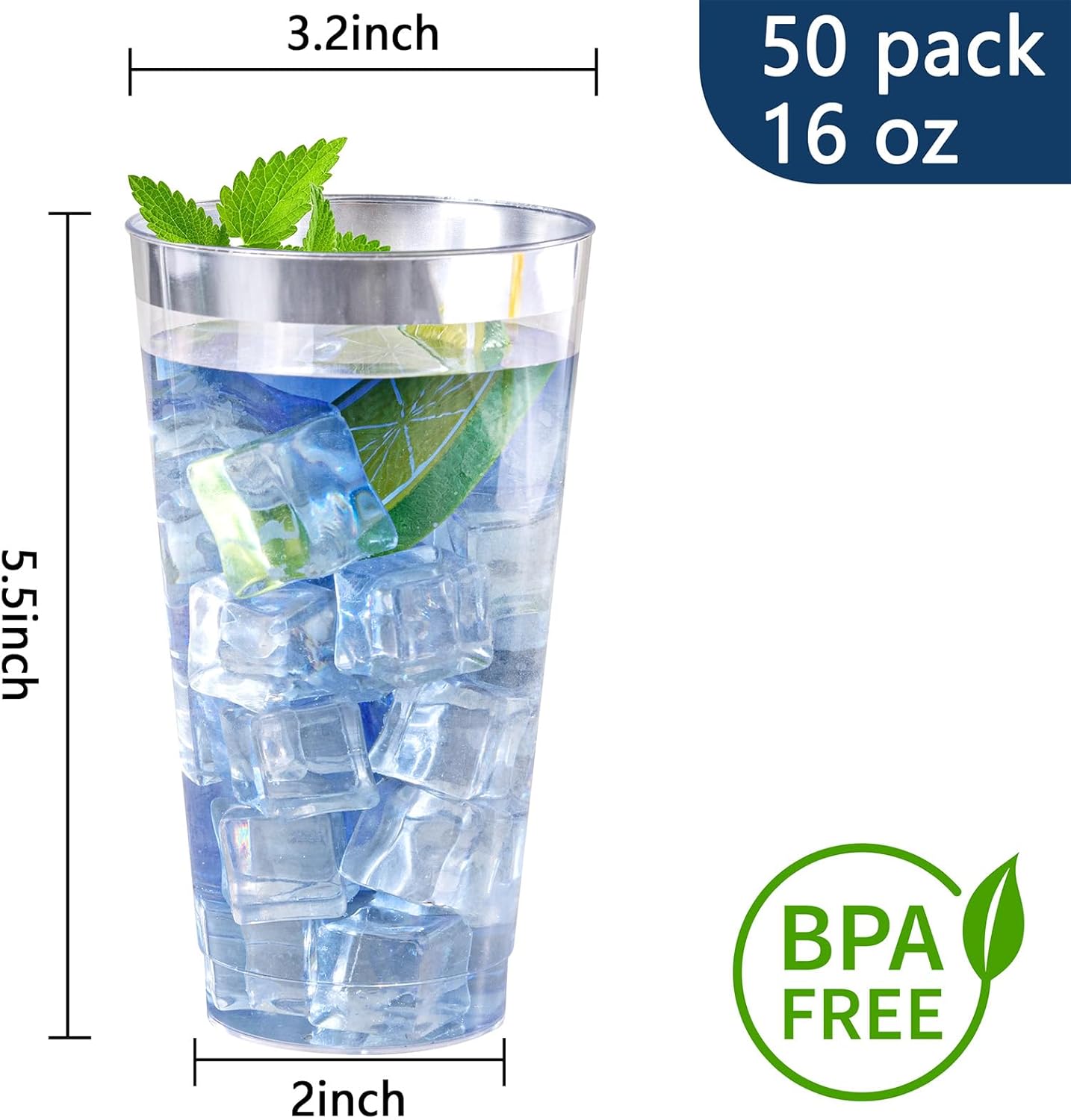 I00000 16 oz Silver Plastic Cups, 50 Pack Clear Plastic Cups,Silver Rimmed Disposable Cup, Heavy-duty Disposable Tumblers Perfect for Party, Holiday, Wedding & Birthday