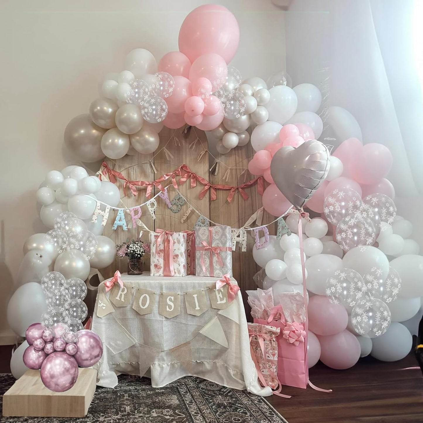 Pink Winter Wonderland Balloons, 50 Pcs 12 Inch Pearl White Balloons Pastel Metallic Pink Balloon for Girls Womem Winter Christmas Wonderland Birthday Baby Shower Ice Snow Princess Party Decorations