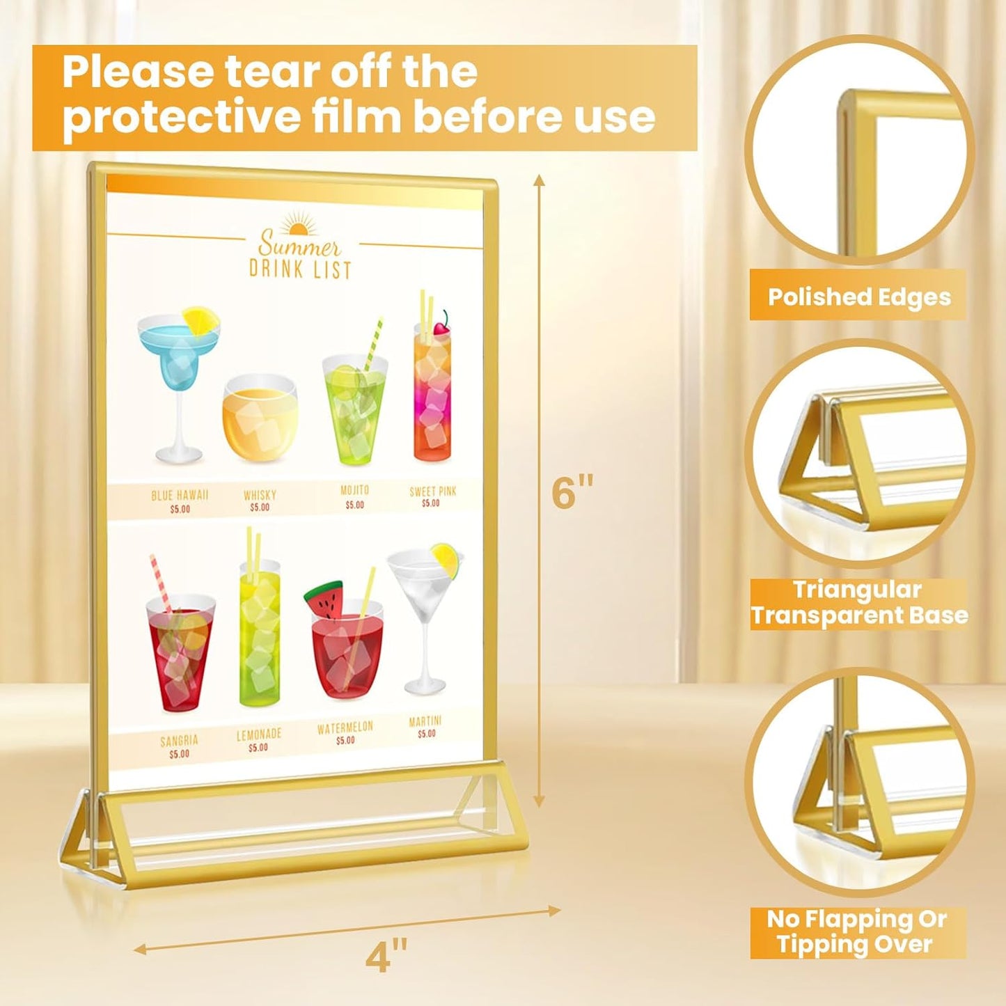 4x6 Gold Acrylic Sign Holder, 12 Pack Wedding Table Number Holder Stands with Vertical Gold Borders, Double Sided Picture Frame Paper Stand, Clear Photo Display Menu Holder for Party, Home, Restaurant
