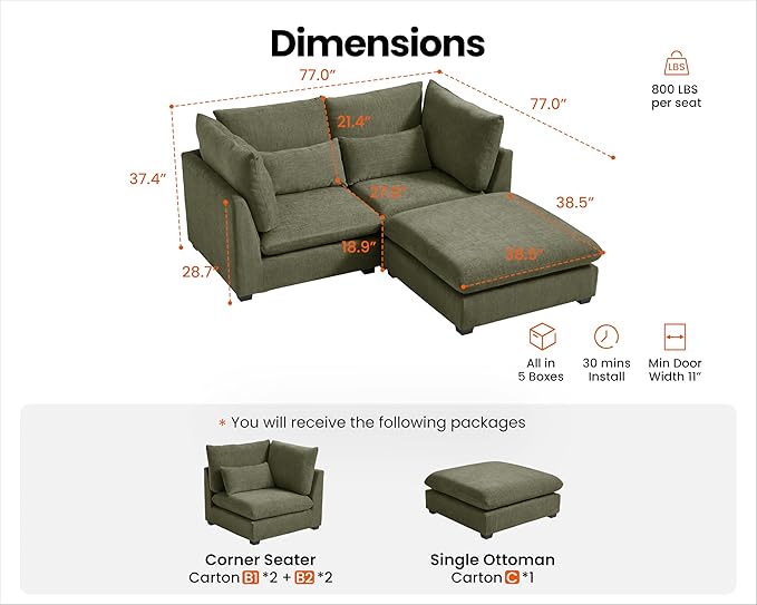 77" Oversized Chenille Couch Modular Sectional Sofa, Washable Cloud Couch - Image 2