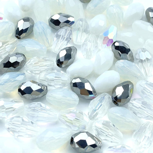 70pcs 8x12mm Teardrop Crystal Glass Beads Vertical Hole Faceted Loose Spacer Beads for DIY Craft Jewelry Making Necklace Bracelet Earring Wind Chimes(White Series)
