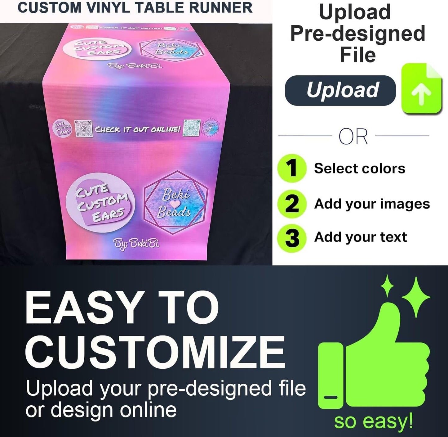 Made in USA - Custom Table Runner with Business Logo 12"x72" to 36"x72", Personalized Table Banner for Events, Birthday, Wedding