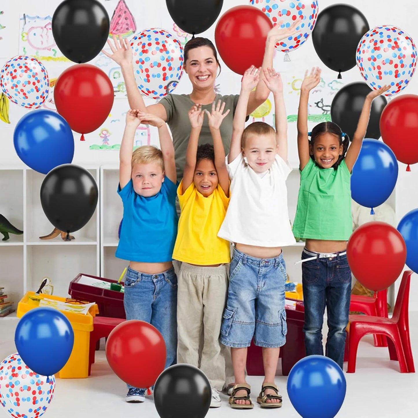 Red Blue Black Balloon Set, 12 Inch Matte Red Black and Royal Blue Latex Balloon with Red Blue Confetti Balloons for Party Boys Birthday Shower Graduation Party Decorations