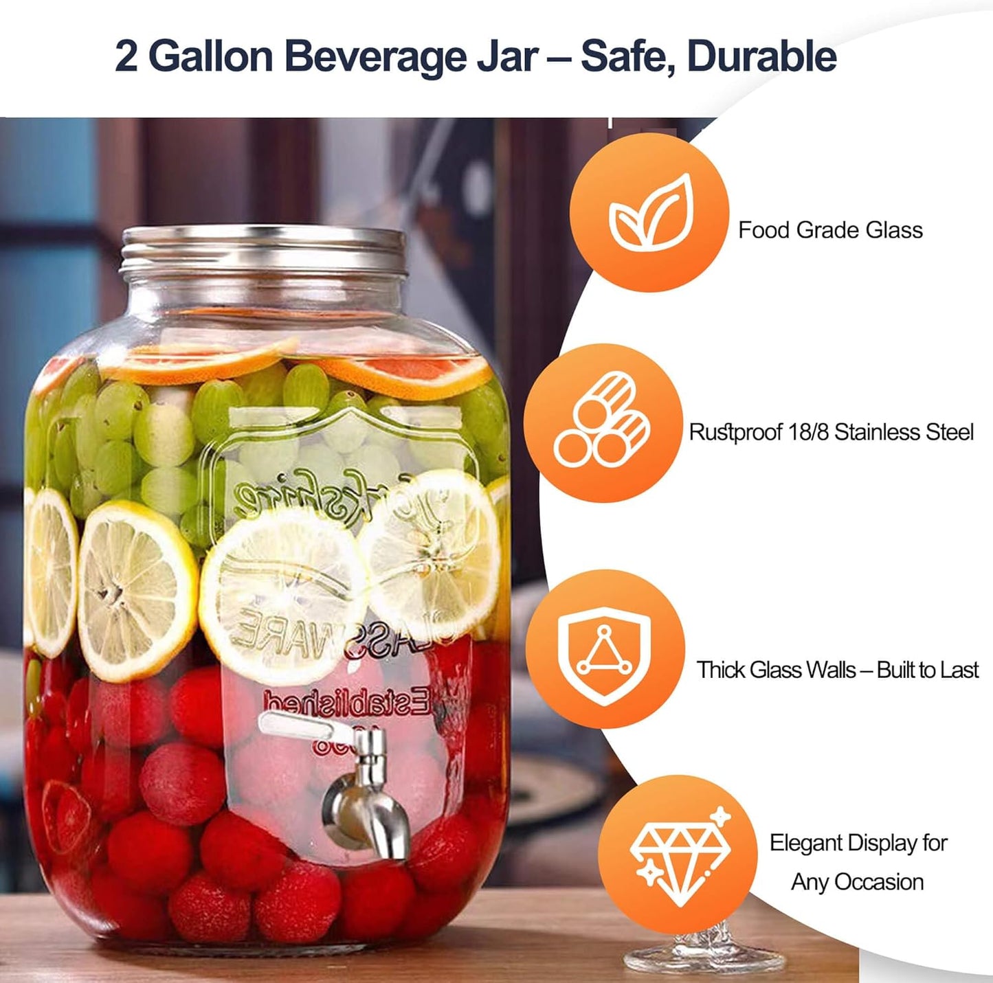 2 Gallon Drink Dispensers for Parties, 2 Pack Beverage Dispensers with Stand, Glass Water Jug Dispenser, with 18/8 Stainless Steel Spigot, Great for Party, Wedding, Picnic, BBQ