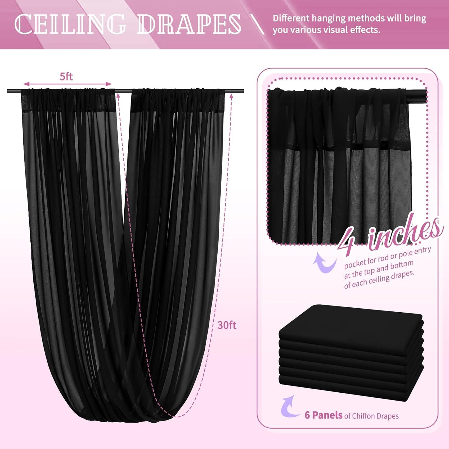 6 Panels Black Ceiling Drapes for Wedding 5ftx30ft Chiffon Fabric Arch Draping Curtains Sheer Drapery for Party Ceremony Birthday Baby Shower Reception Stage Swag Ceiling Decorations