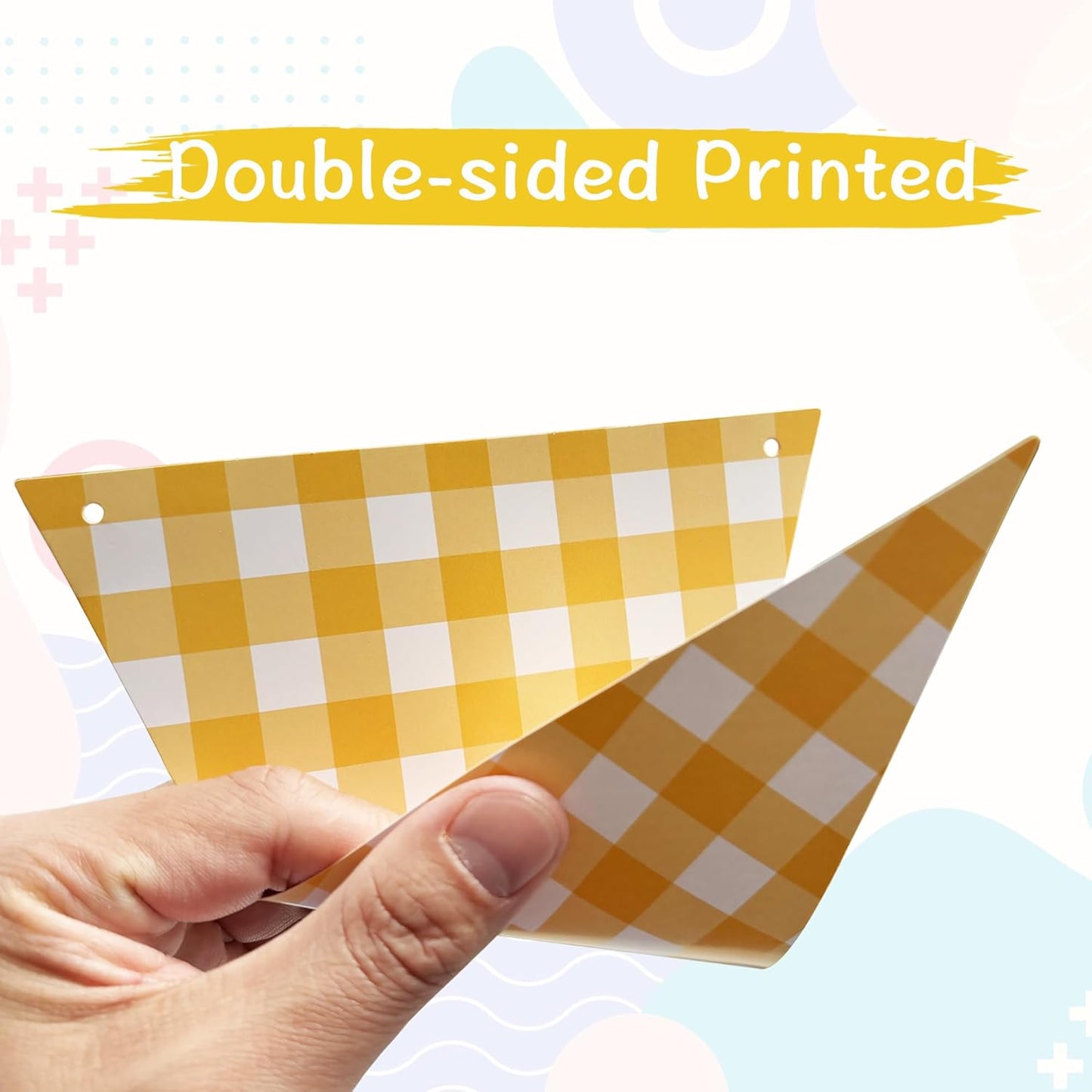 Yellow Gingham Banner for Picnic, BBQ Themed Party Decorations, Yellow and White Checkered Bunting Flag Garland for Lemon Wedding Baby Shower Birthday Party Supplies