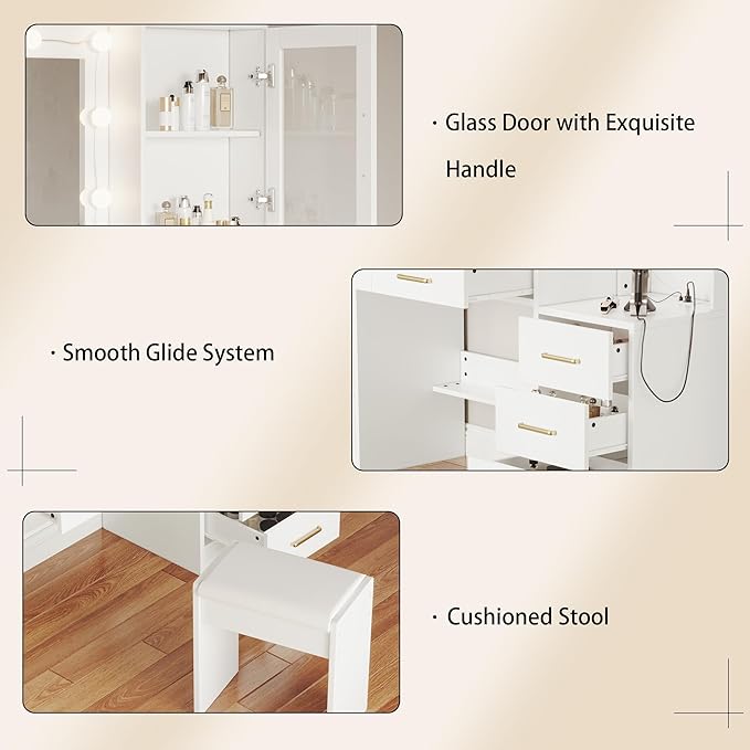 TOKSOM White Vanity Desk with Mirror, Lights & Charging Station, 2 Cabinets and - Image 8