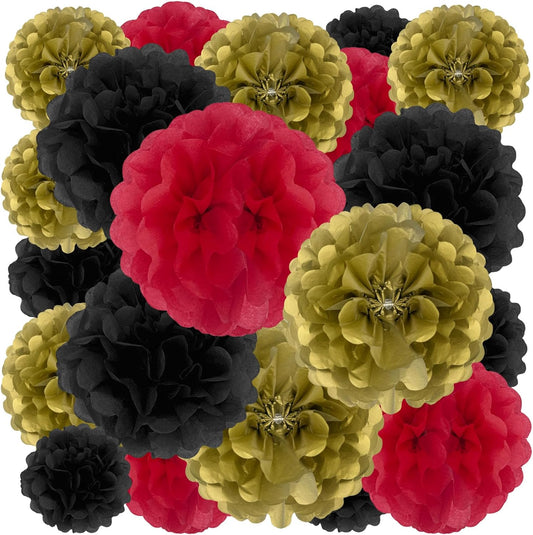 Tissue Paper Pom Poms, Black Gold Red Tissue Paper Flowers, Hanging Flower Balls for Weddings Fiesta Parties Birthday Baby Showers Classroom Bridal Shower Decoration (18Piece Set-6/10/12/14Inch)