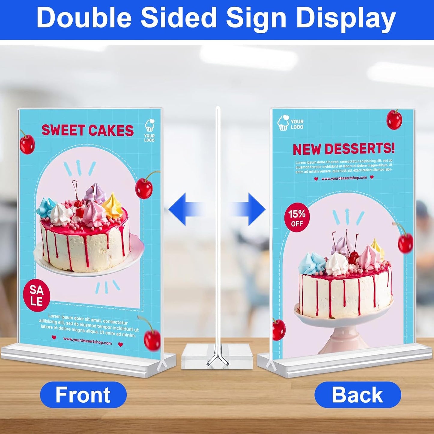 Acrylic Sign Holder 5.5x8.5 Inches 8 Pack, Double Sided Vertical Clear Display Stand, Plastic Frame Flyer Holder for Tabletop, Office, Restaurant, Store