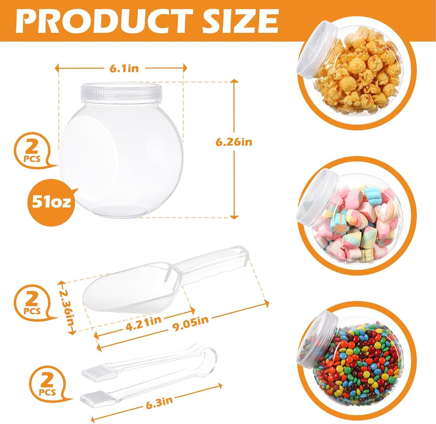 Sunnyray 2 Sets 51 oz Plastic Candy Jars for Candy Buffet with Lids Clear Bar Jars with Scoops and Tongs Kitchen Office Party Cookie Storage Containers for Dry Food Snacks Candies Cookies Coffee Pods