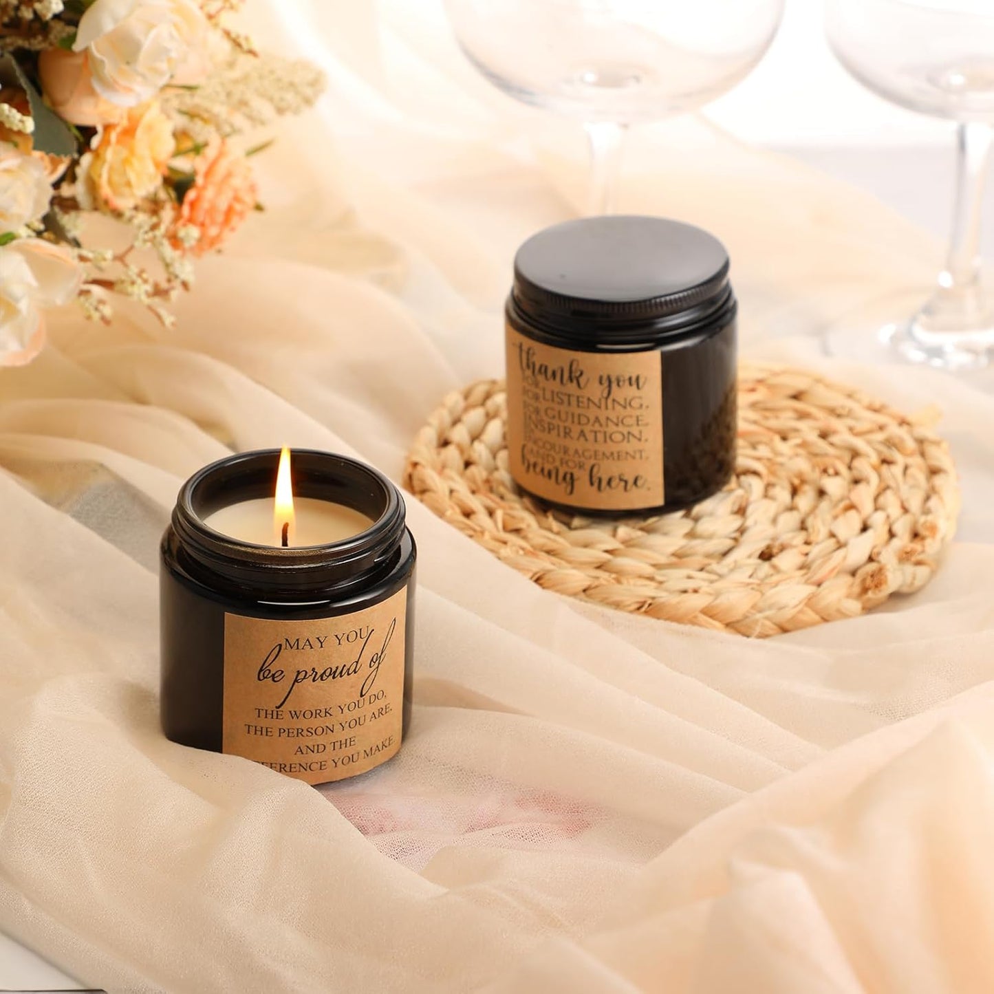 Roowest 10 Jars Thank You Gift Candles 3.5 oz Employee Appreciation Gifts Bulk Soy Wax Jar Inspirational Candle Thank You for Coworkers Employee Women Teacher Volunteers(Black,Classic Style)